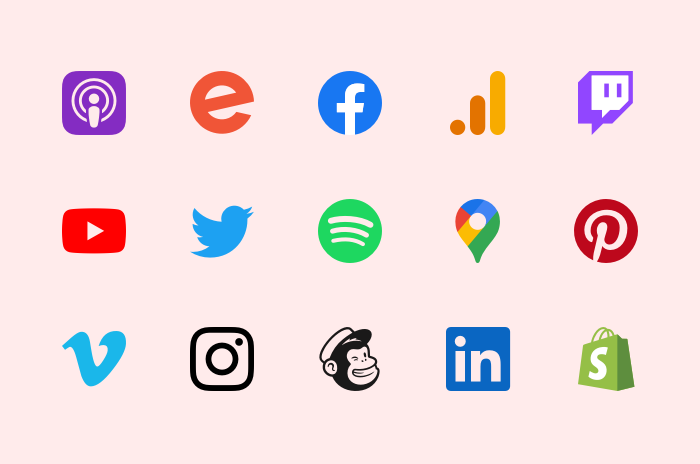 Illustration showing lots of apps like Apple Podcasts, Eventbrite, Facebook, Google Analytics, Spotify, YouTube, Pinterest and many more.