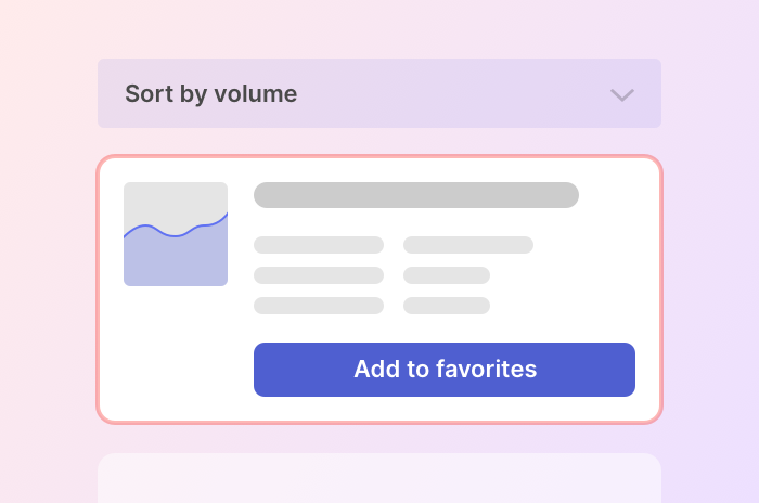 Illustration of a keyword search result with statistics and an add to favorites button.